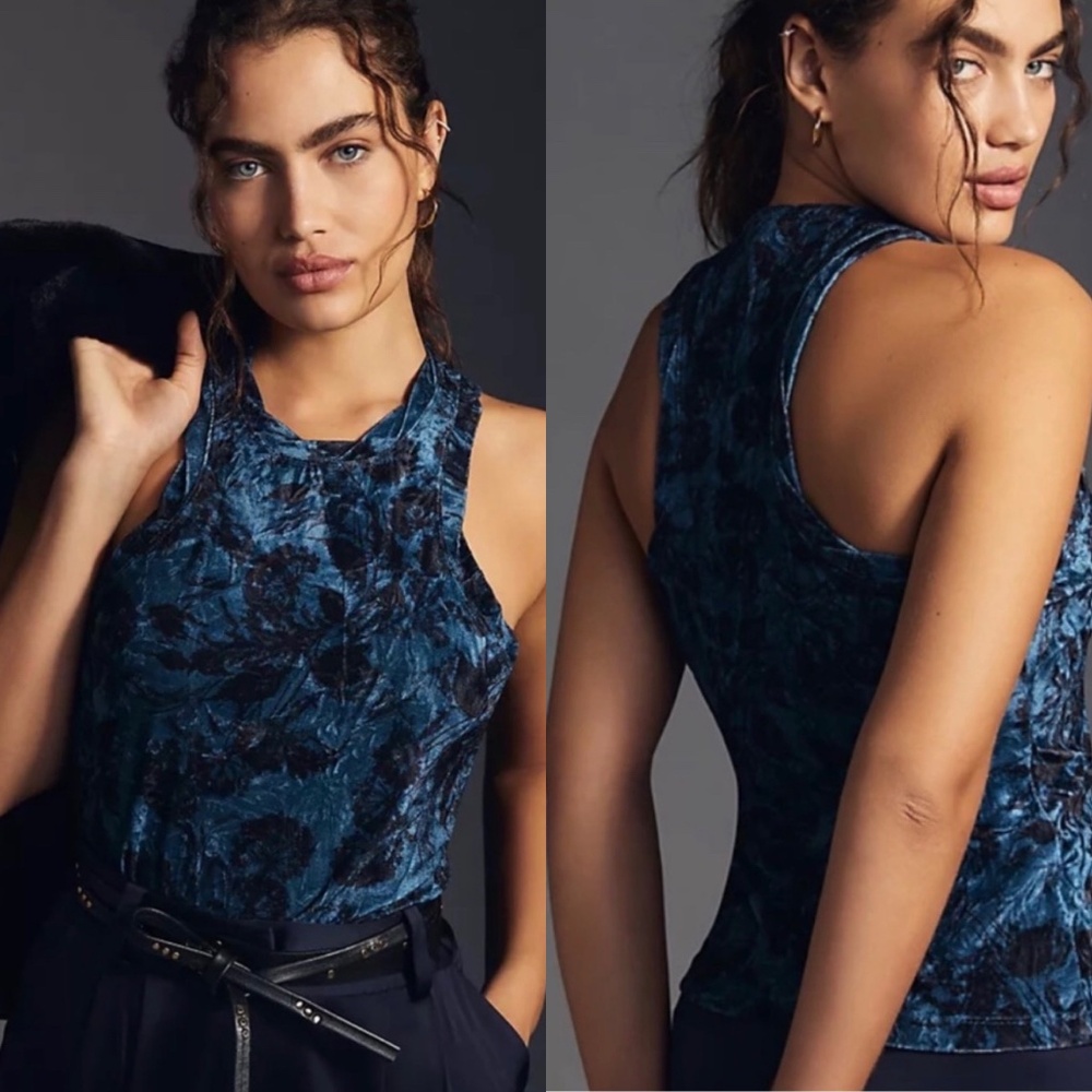 Anthropologie Pilcro Velveteen Racerback Tank Blue Motif M